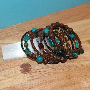 Beaded Cuff Stacked Memory Wire Bracelet Turquoise Brown Colors